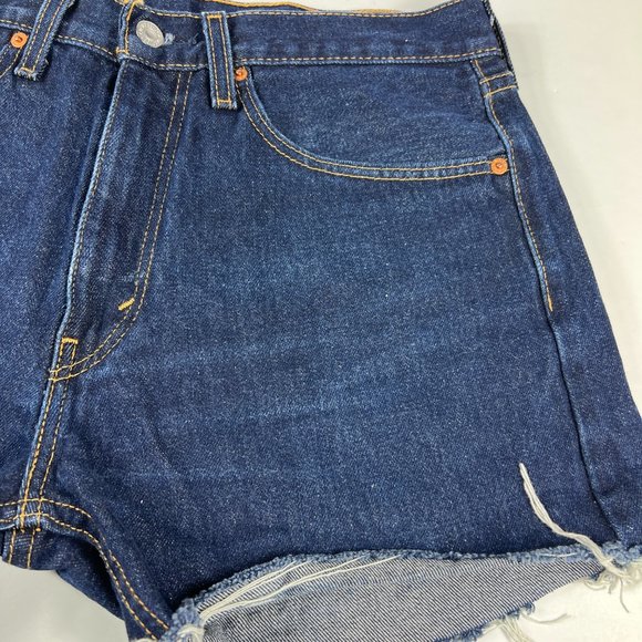 Levi's Jean Shorts Mens 32* 505 Dark Blue Cut Off Fray Cotton Denim Jorts Tag 34 - Picture 3 of 16
